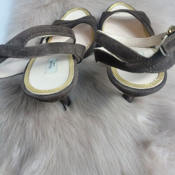 PRADA BROWN SUEDE OPEN-TOE ANKLE-STRAP HI-HEEL SLINGBACK SANDALS - Picture 5 of 8